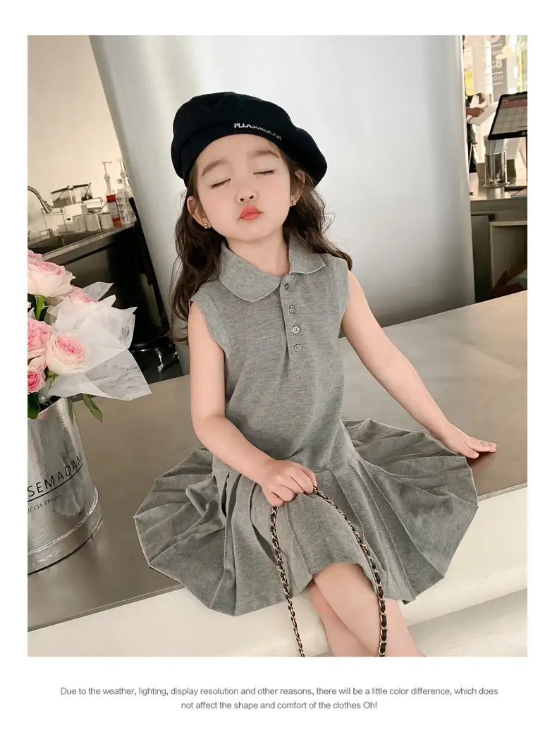 Girls Summer Dress Grey Cotton Princess Style Polo Lapel — feature 13