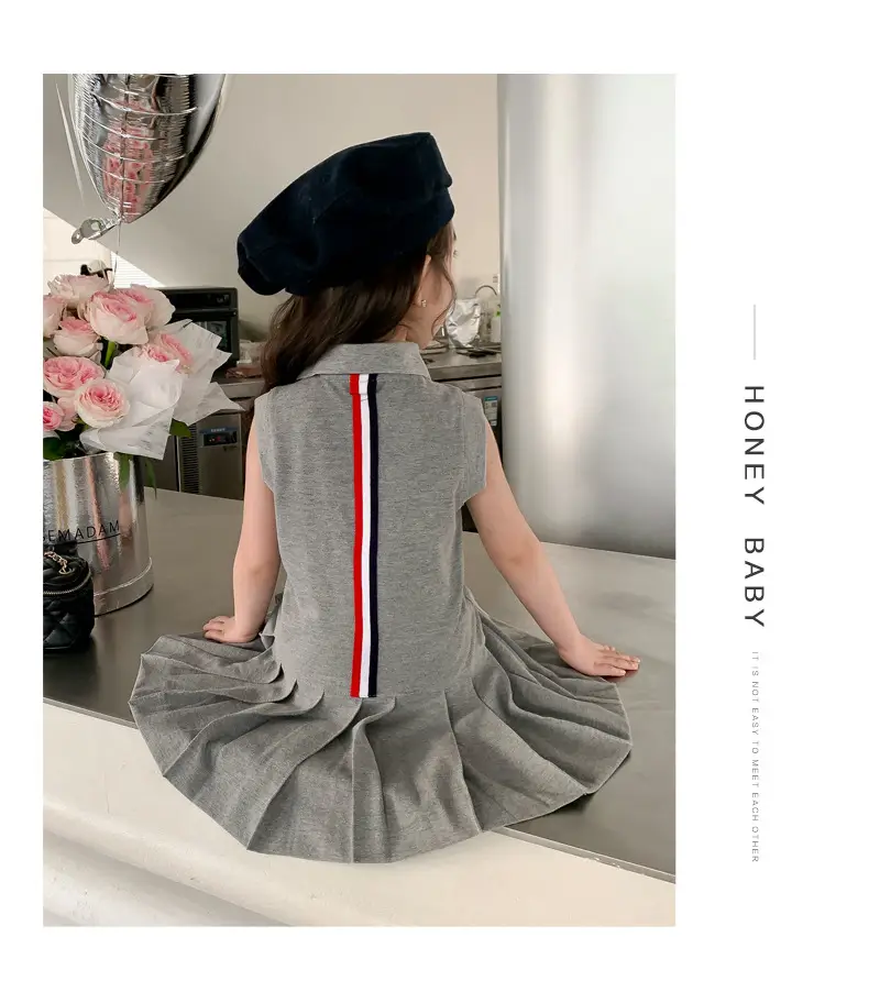 Girls Summer Dress Grey Cotton Princess Style Polo Lapel — feature 14