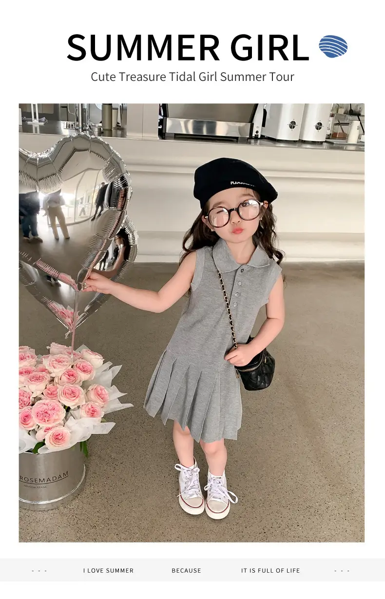 Girls Summer Dress Grey Cotton Princess Style Polo Lapel — feature 2