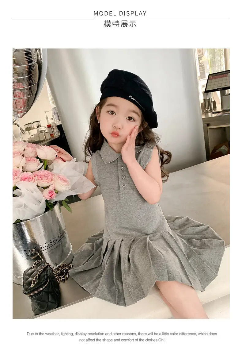 Girls Summer Dress Grey Cotton Princess Style Polo Lapel — feature 5