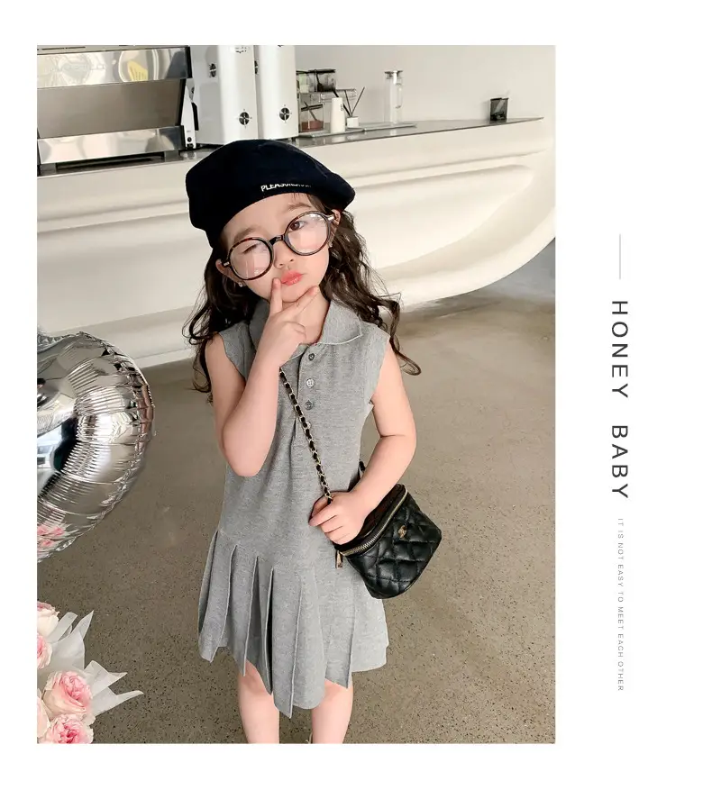 Girls Summer Dress Grey Cotton Princess Style Polo Lapel — feature 6