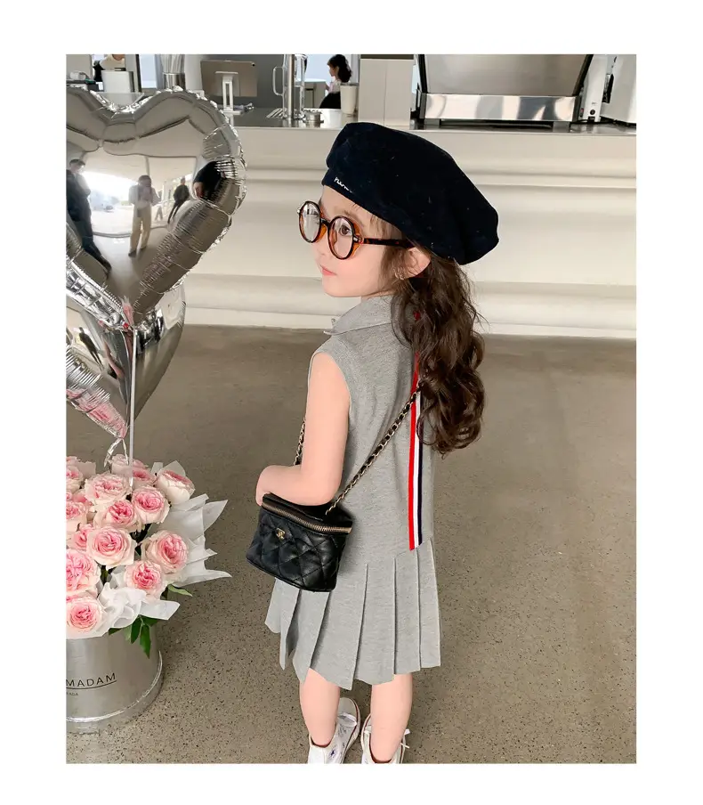 Girls Summer Dress Grey Cotton Princess Style Polo Lapel — feature 7