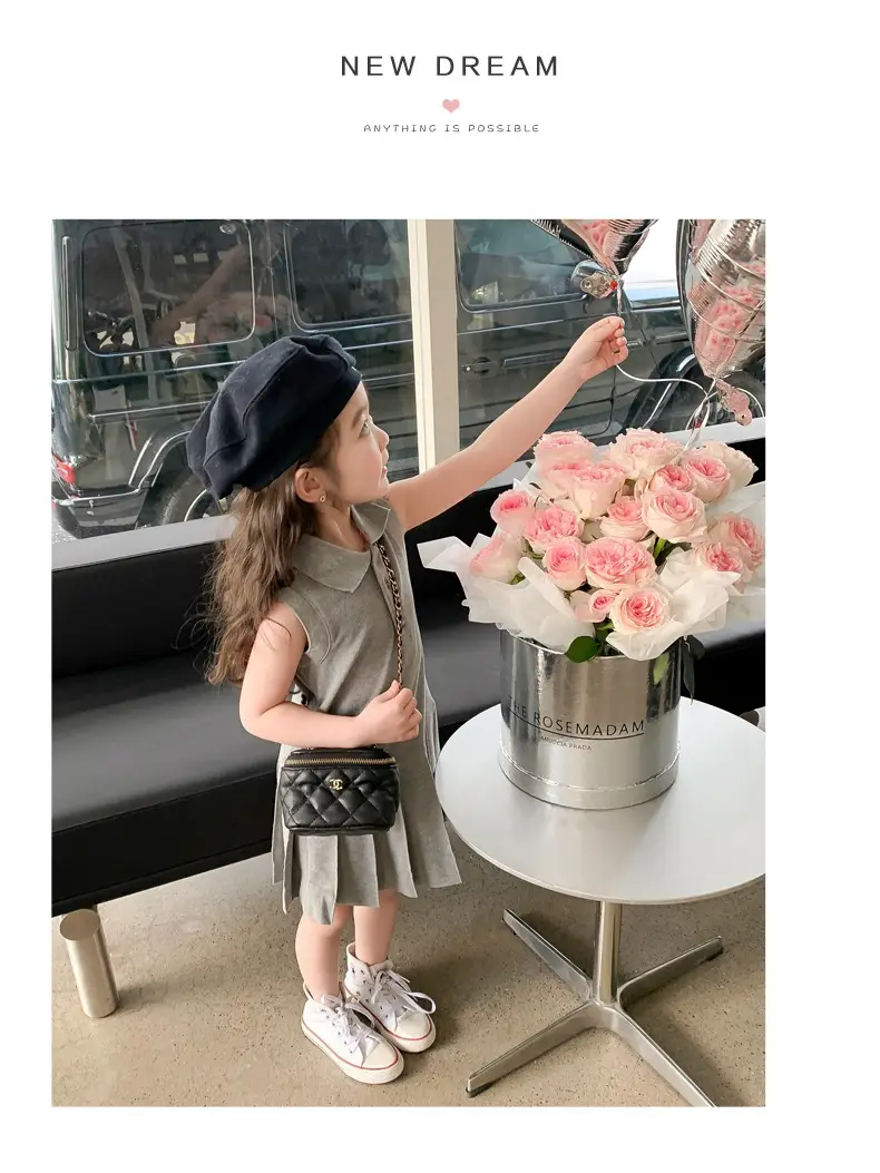 Girls Summer Dress Grey Cotton Princess Style Polo Lapel — feature 8