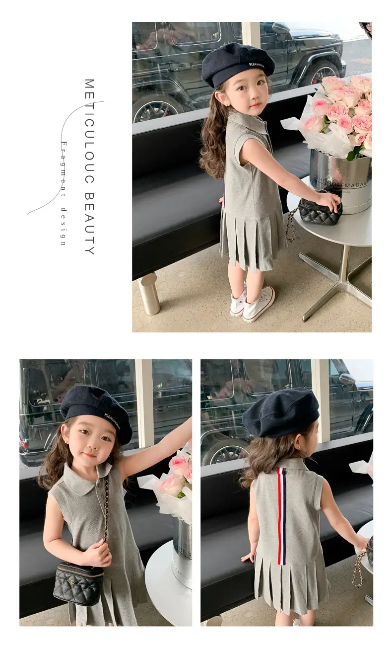 Girls Summer Dress Grey Cotton Princess Style Polo Lapel — feature 9