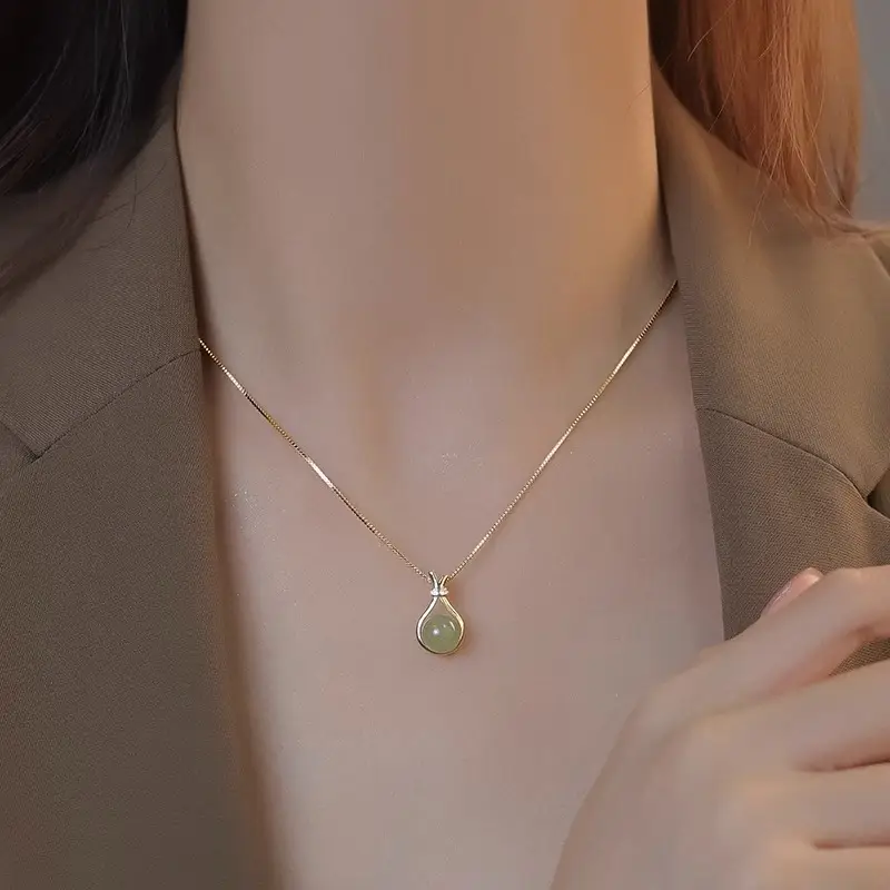 Middle Ancient Fortune Bag Hetian Jade Necklace Light Luxury New Chinese Style Pendant Women's Clavicle Titanium Steel Color-Free Chain - Image 2