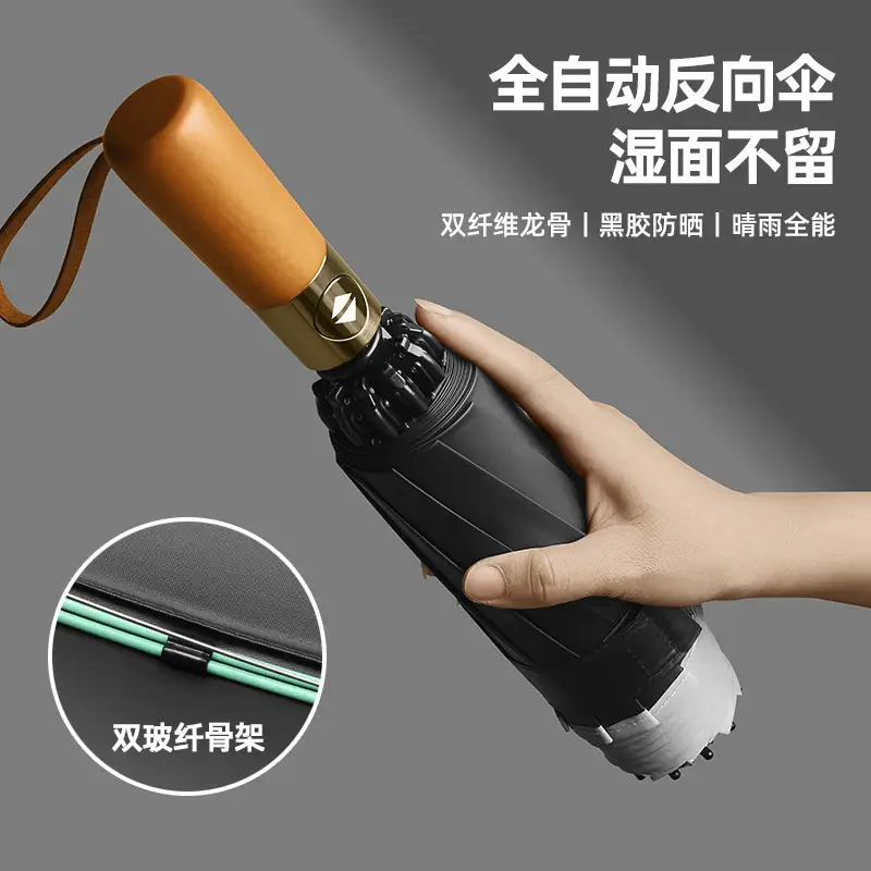 Automatic Reverse Umbrella with Wooden Handle & Double Leather Trim - Image 12