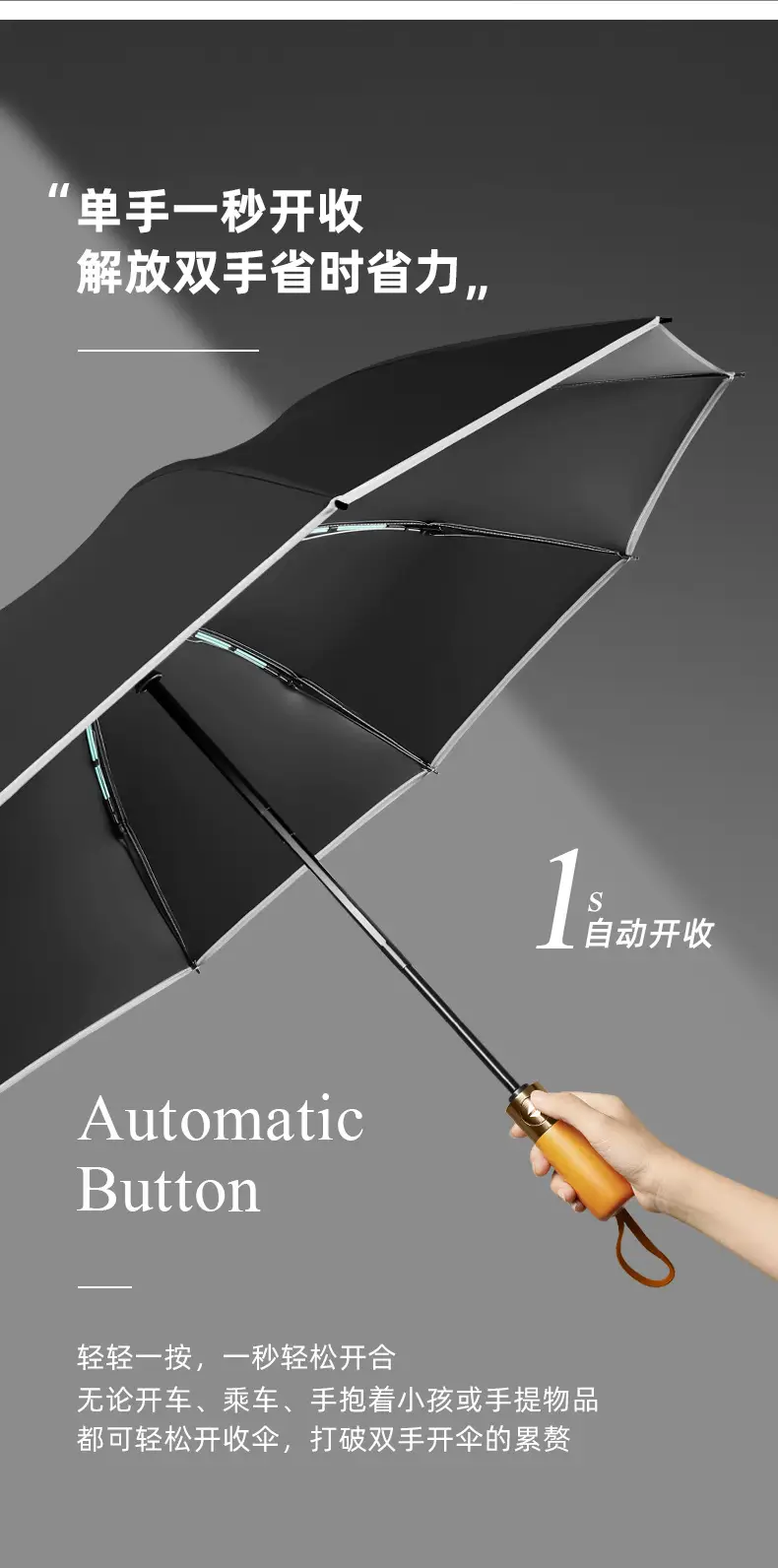 Automatic Reverse Umbrella with Wooden Handle & Double Leather Trim — feature 21
