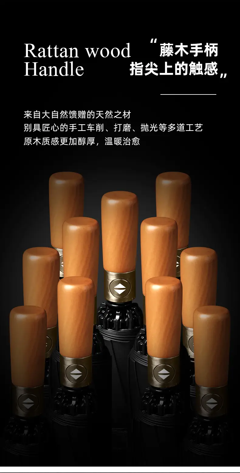 Automatic Reverse Umbrella with Wooden Handle & Double Leather Trim — feature 4