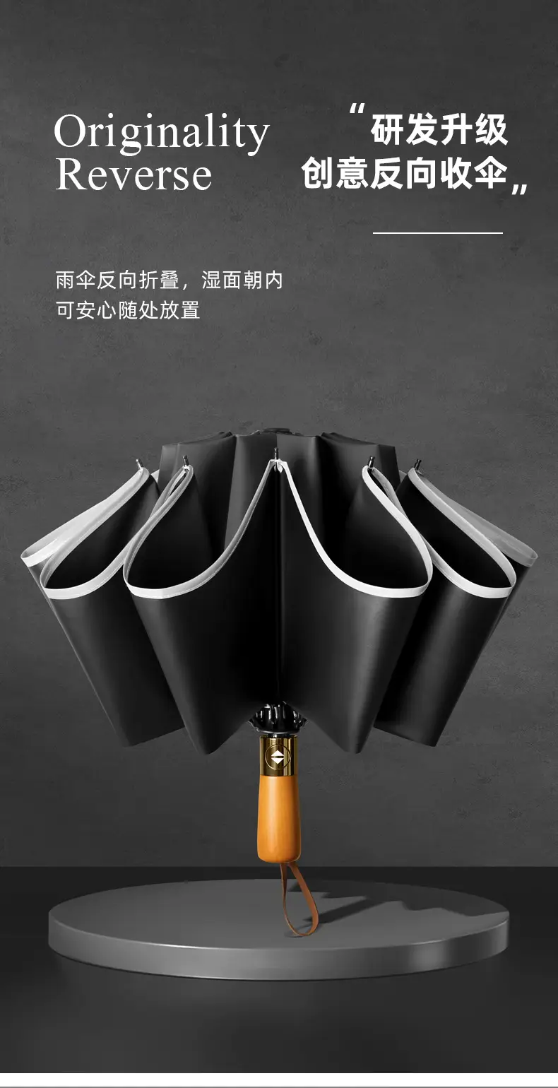 Automatic Reverse Umbrella with Wooden Handle & Double Leather Trim — feature 5