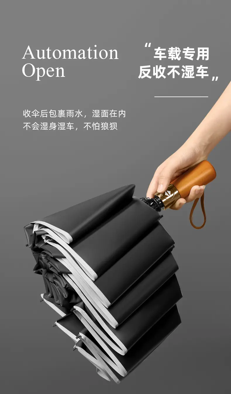 Automatic Reverse Umbrella with Wooden Handle & Double Leather Trim — feature 6