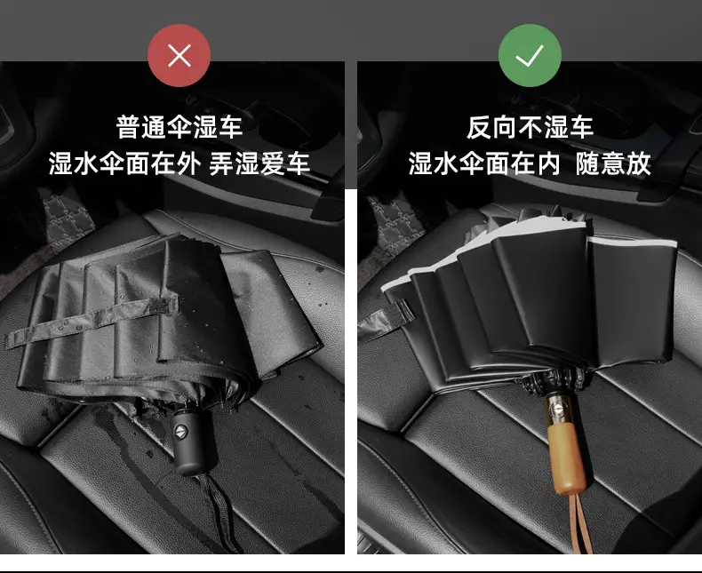 Automatic Reverse Umbrella with Wooden Handle & Double Leather Trim — feature 7
