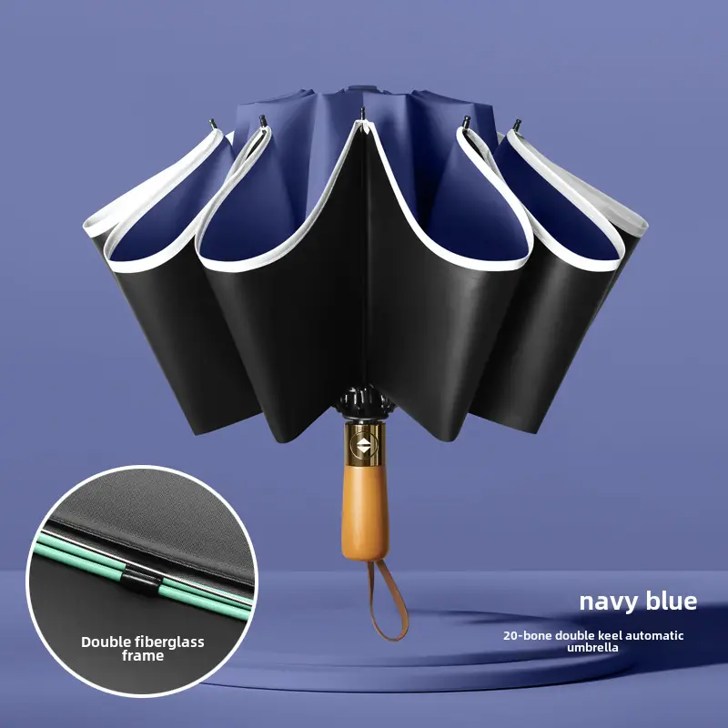 Automatic Reverse Umbrella with Wooden Handle & Double Leather Trim - Image 2
