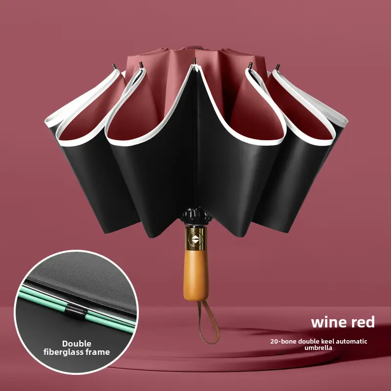 Automatic Reverse Umbrella with Wooden Handle & Double Leather Trim - Image 3