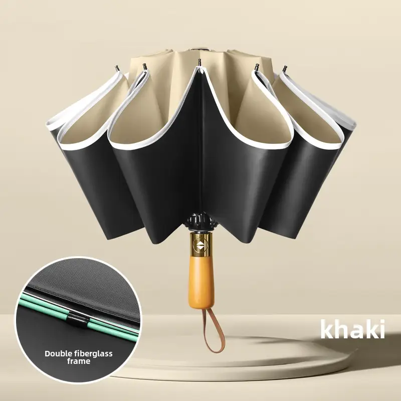 Automatic Reverse Umbrella with Wooden Handle & Double Leather Trim - Image 4