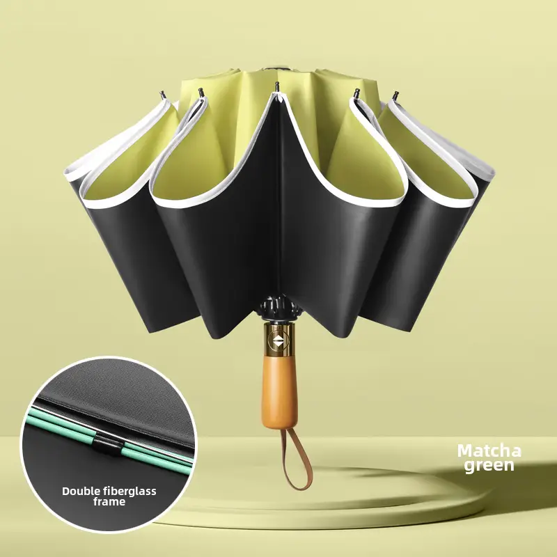 Automatic Reverse Umbrella with Wooden Handle & Double Leather Trim - Image 5