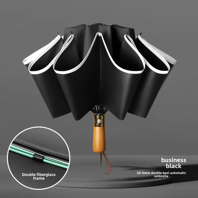 Automatic Reverse Umbrella with Wooden Handle & Double Leather Trim - Image 6