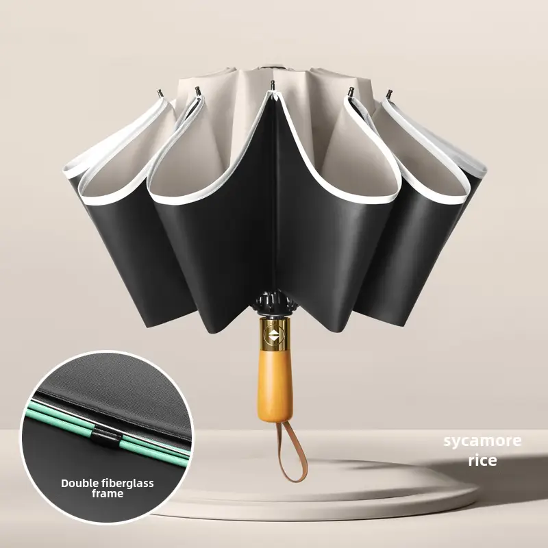 Automatic Reverse Umbrella with Wooden Handle & Double Leather Trim - Image 7