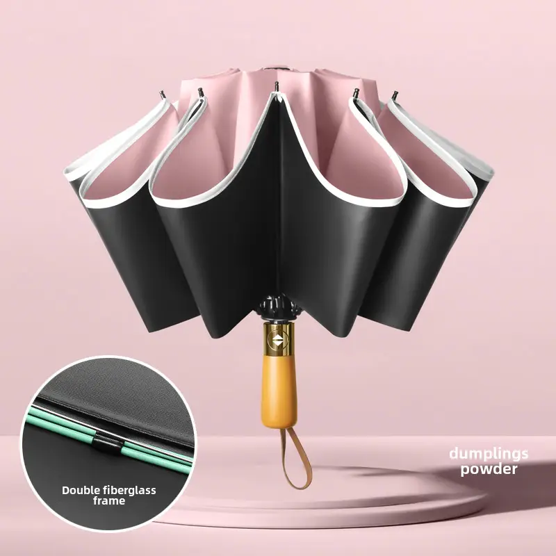 Automatic Reverse Umbrella with Wooden Handle & Double Leather Trim - Image 9