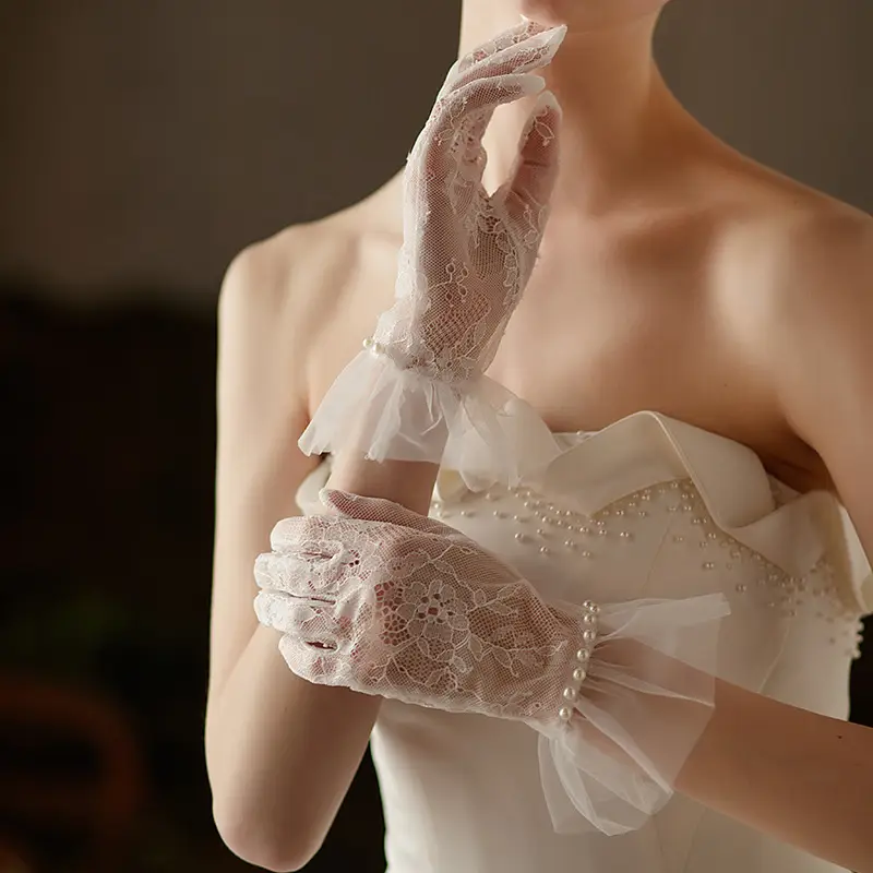 Bridal Lace Gloves Pearl Butterfly Set - Image 5