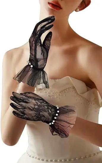 Bridal Lace Gloves Pearl Butterfly Set - Image 2