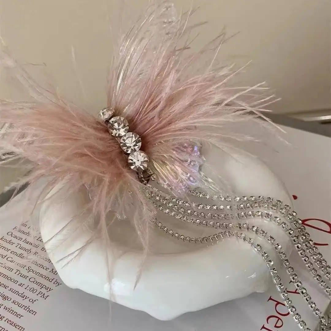 Pink Feather Butterfly Hairpin with Rhinestone Tassels