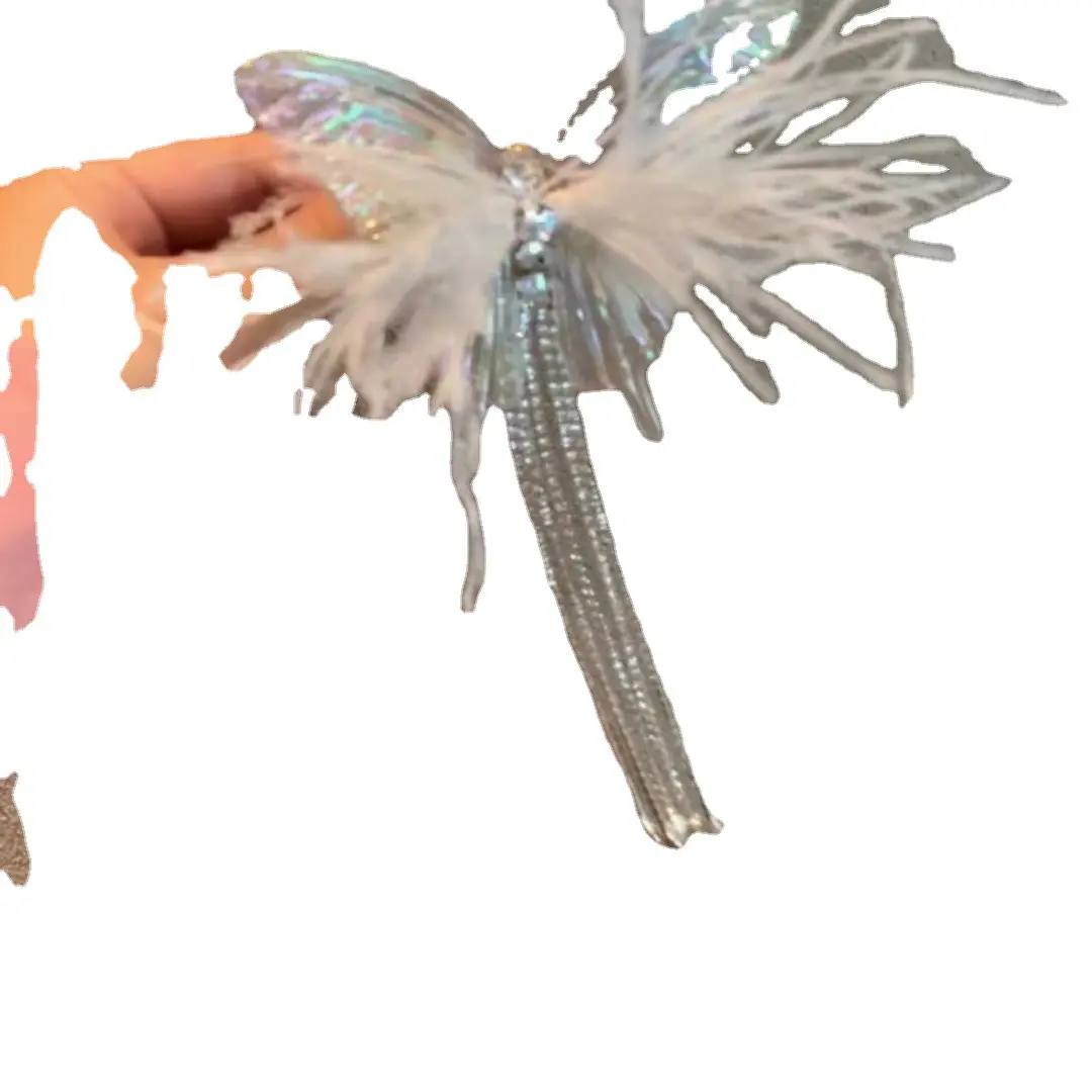 Pink Feather Butterfly Hairpin with Rhinestone Tassels