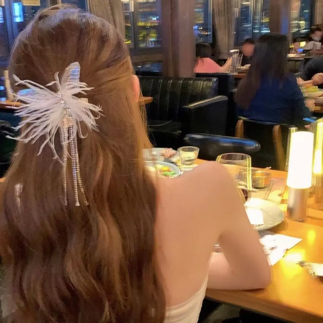 Pink Feather Butterfly Hairpin with Rhinestone Tassels — feature 2