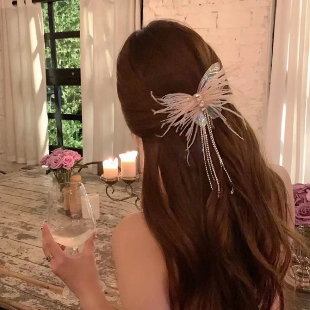 Pink Feather Butterfly Hairpin with Rhinestone Tassels — feature 5