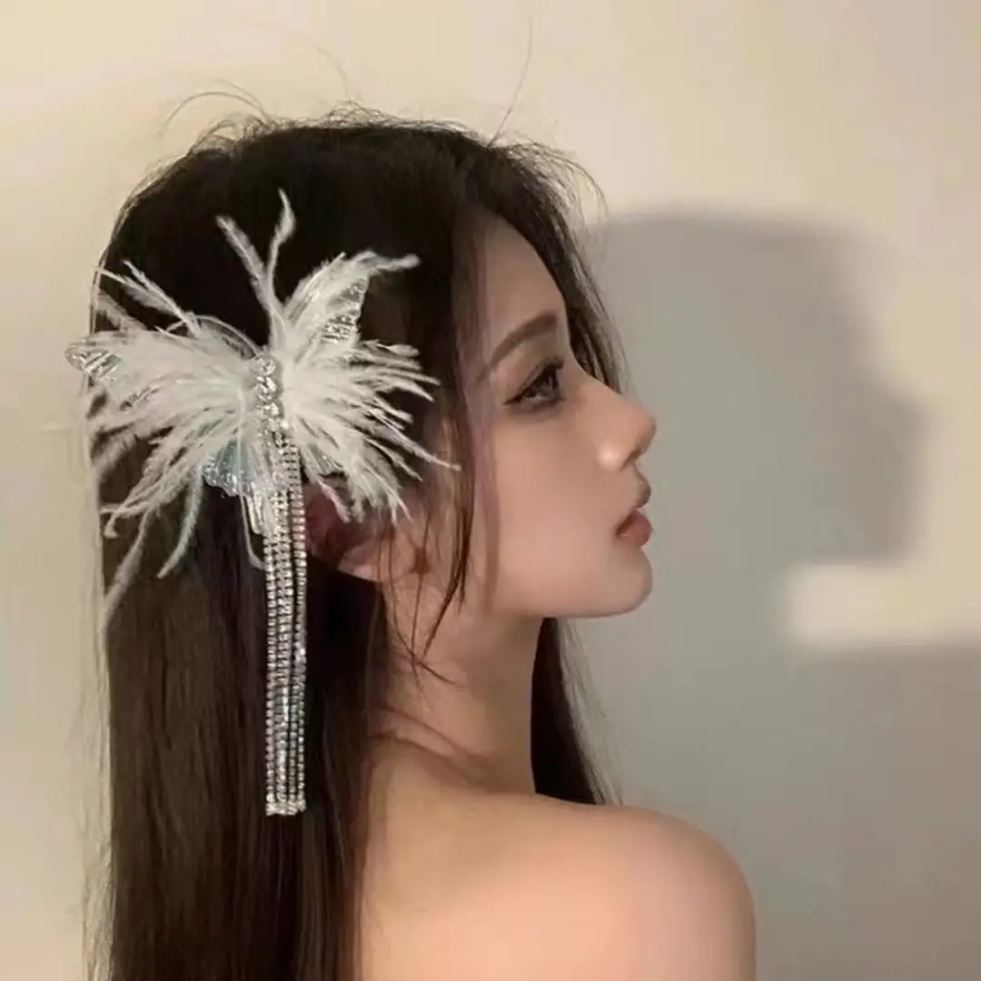 Pink Feather Butterfly Hairpin with Rhinestone Tassels — feature 6