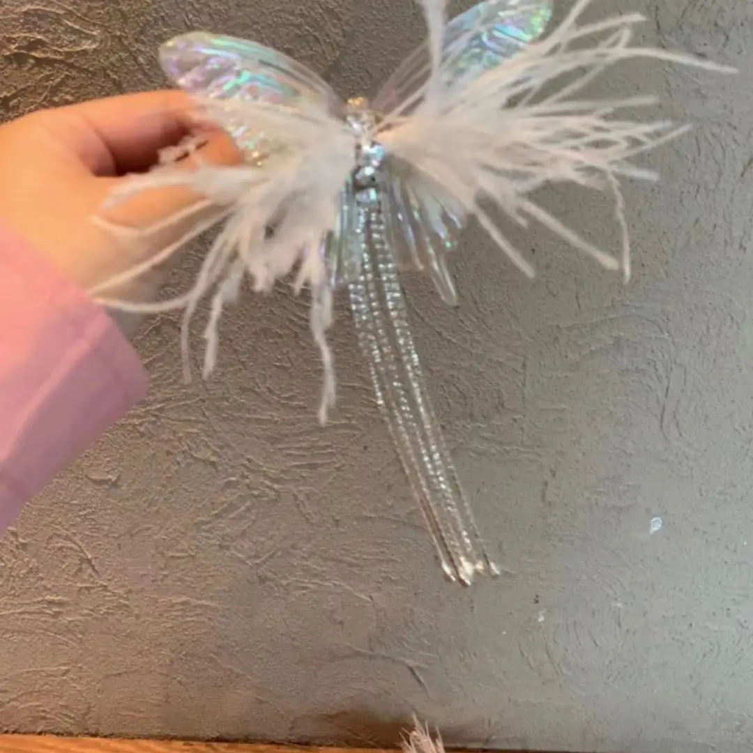 Pink Feather Butterfly Hairpin with Rhinestone Tassels — feature 8