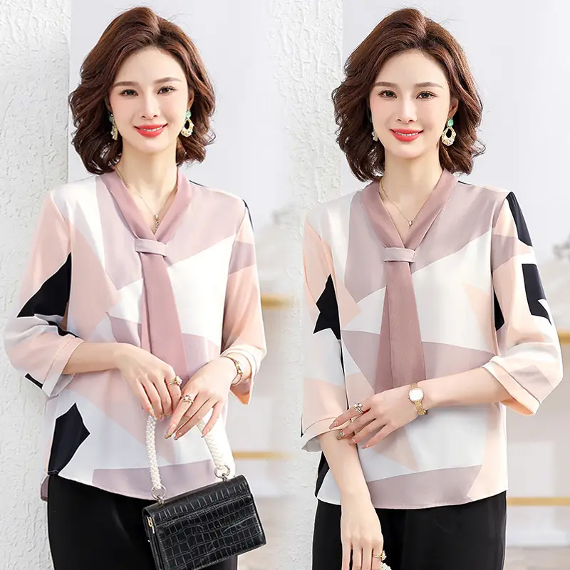 40yo Middle-aged Chiffon Lace-Up Shirt Beige - Image 7