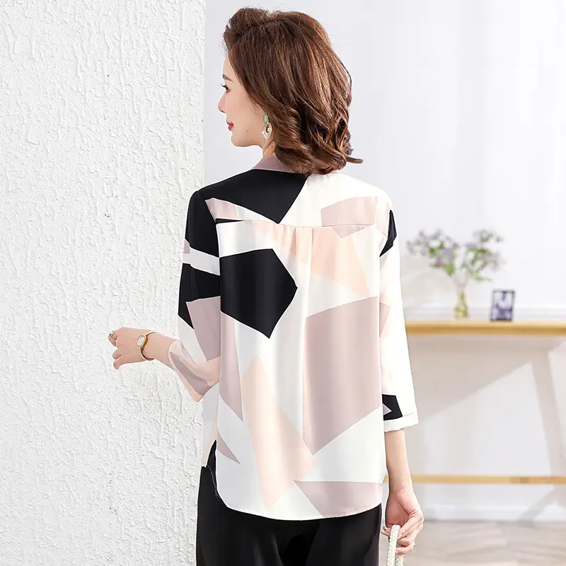 40yo Middle-aged Chiffon Lace-Up Shirt Beige - Image 8