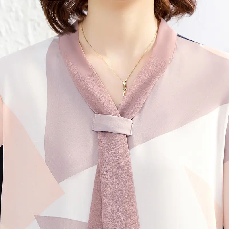 40yo Middle-aged Chiffon Lace-Up Shirt Beige - Image 9