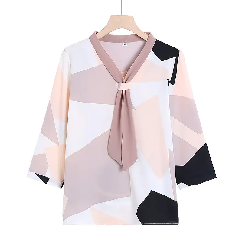 40yo Middle-aged Chiffon Lace-Up Shirt Beige - Image 10