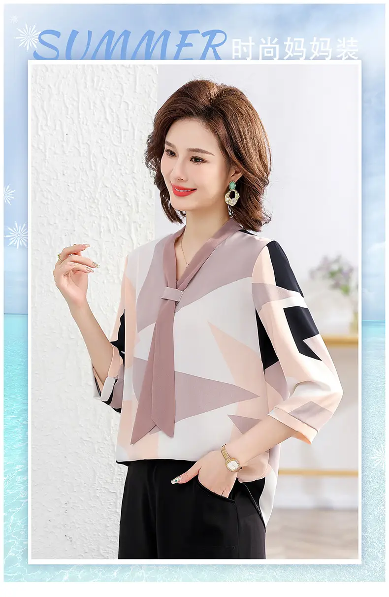 40yo Middle-aged Chiffon Lace-Up Shirt Beige — feature 22