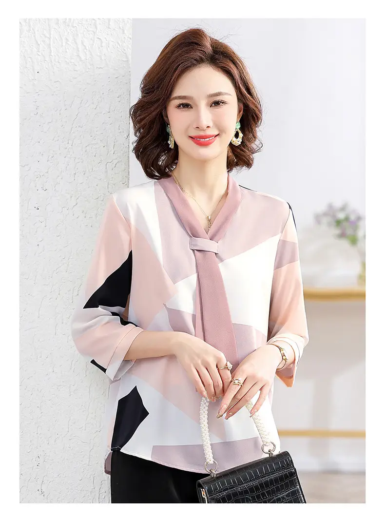 40yo Middle-aged Chiffon Lace-Up Shirt Beige — feature 24