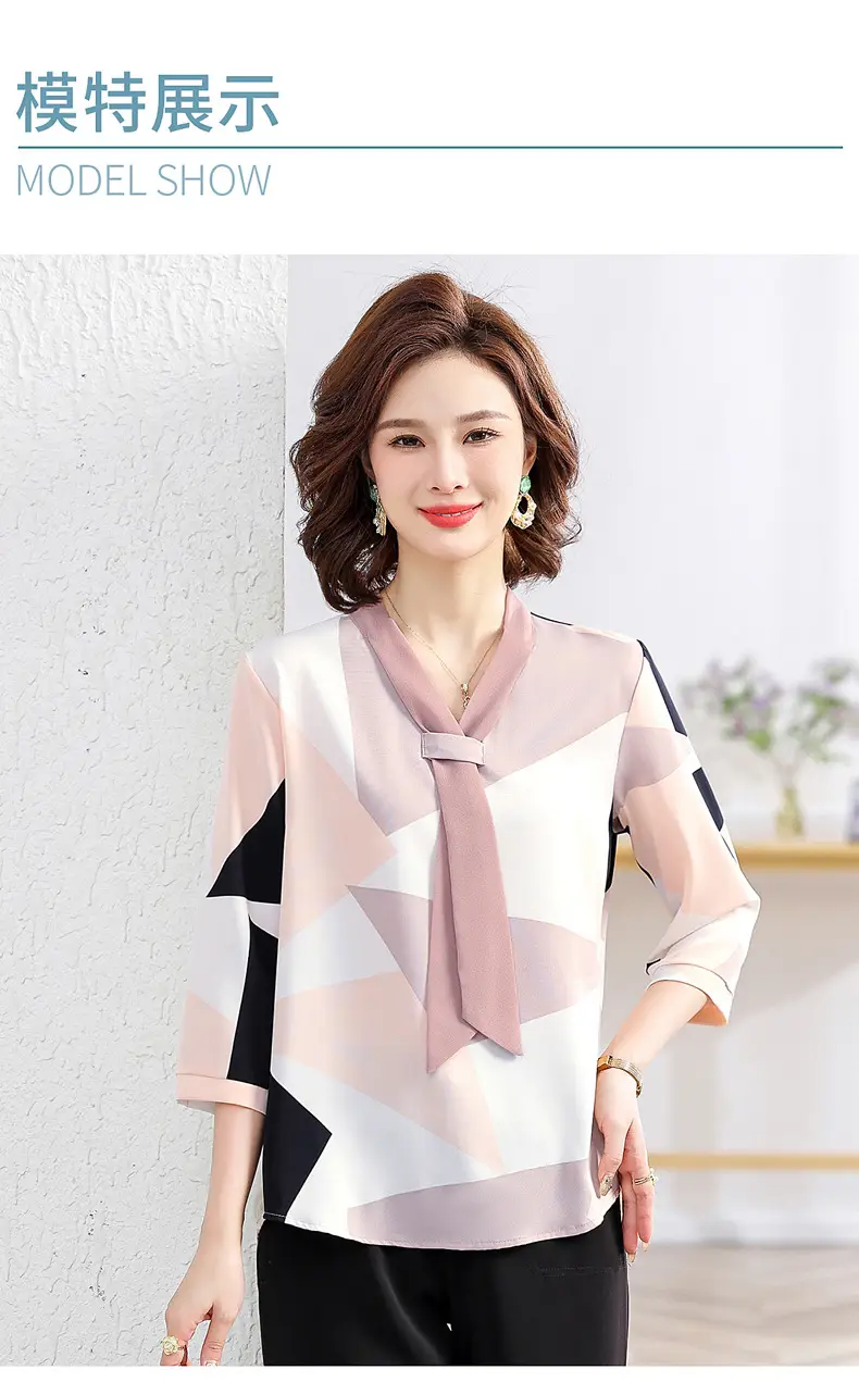 40yo Middle-aged Chiffon Lace-Up Shirt Beige — feature 32