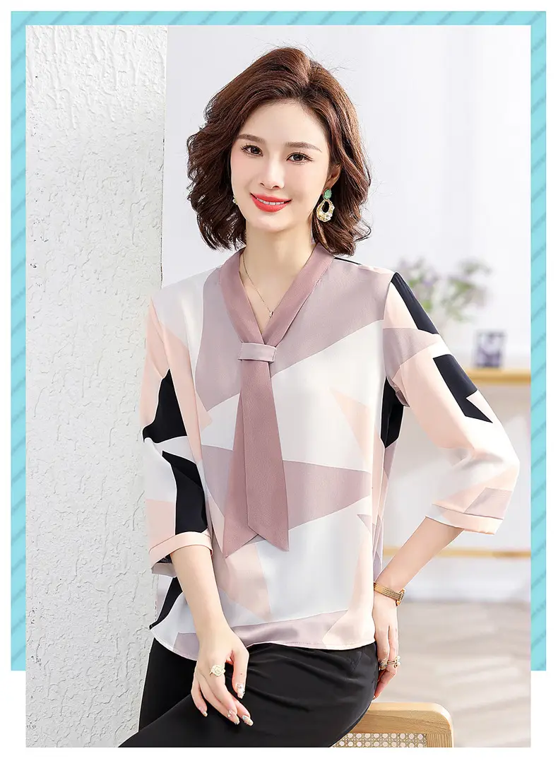 40yo Middle-aged Chiffon Lace-Up Shirt Beige — feature 33