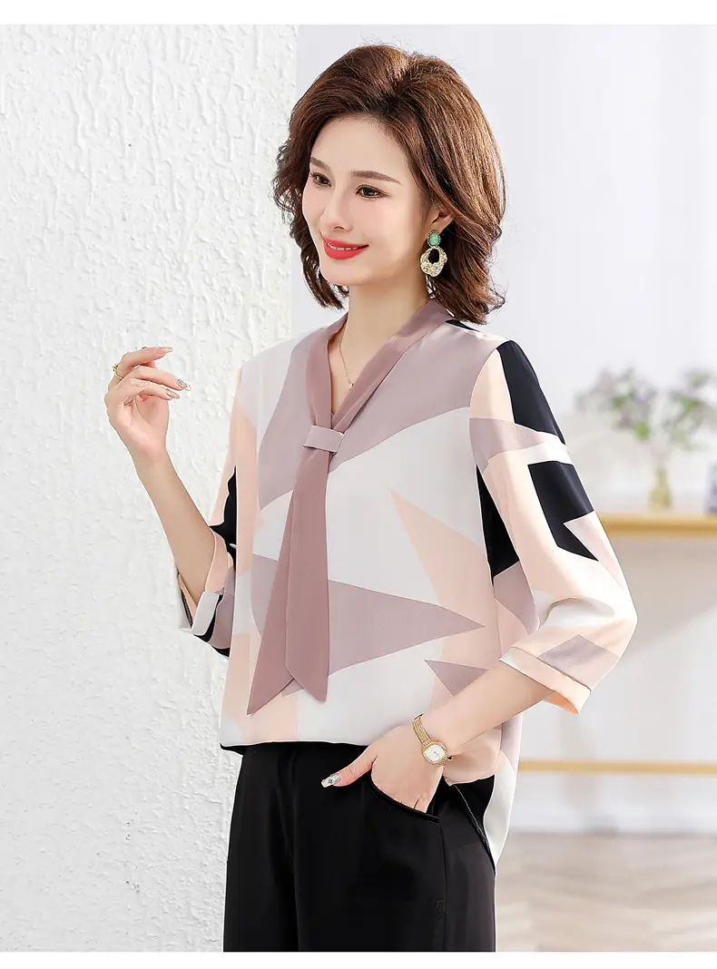 40yo Middle-aged Chiffon Lace-Up Shirt Beige — feature 34