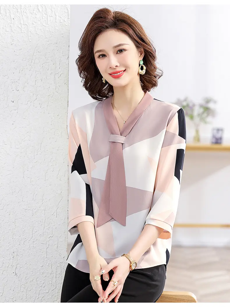 40yo Middle-aged Chiffon Lace-Up Shirt Beige — feature 35