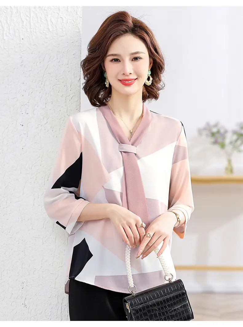 40yo Middle-aged Chiffon Lace-Up Shirt Beige — feature 36