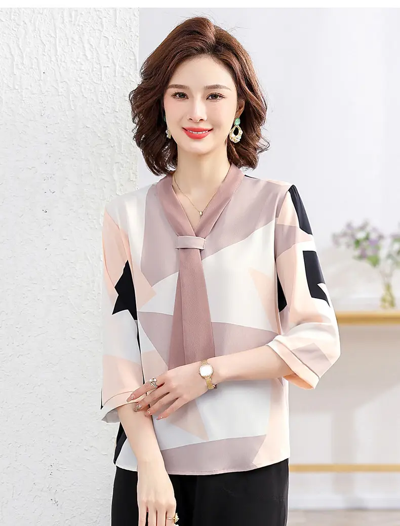 40yo Middle-aged Chiffon Lace-Up Shirt Beige — feature 38