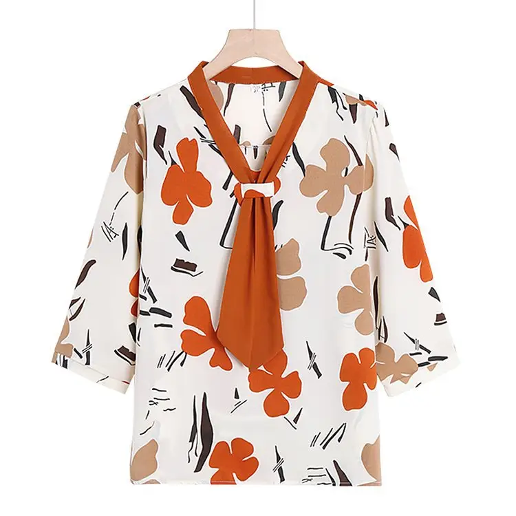 40yo Middle-aged Chiffon Lace-Up Shirt Beige - Image 2