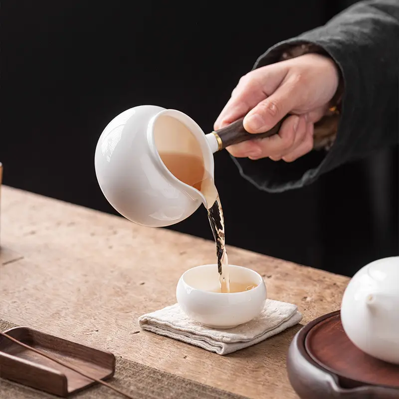 Jade White Ceramic Tea Cup with Side Handle - Image 5