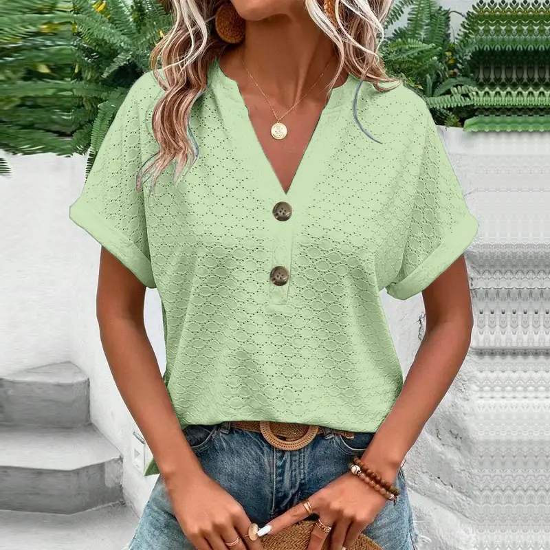 Women Button V-Neck T-Shirt Purple 2023 - Image 10
