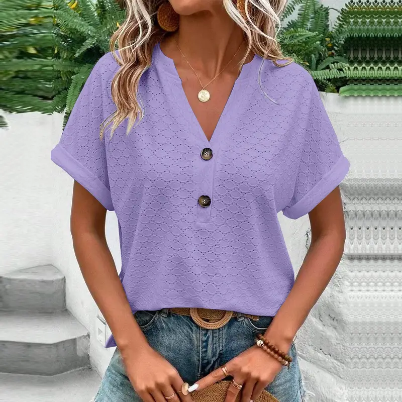 Women Button V-Neck T-Shirt Purple 2023 - Image 2