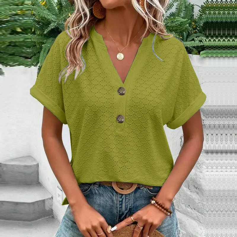 Women Button V-Neck T-Shirt Purple 2023 - Image 7