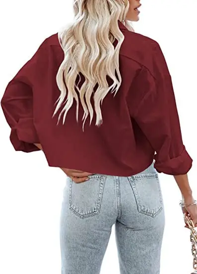 Women's Maroon Long Sleeve Buckle Top with Jeans — feature 12