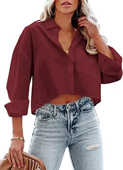 Women's Maroon Long Sleeve Buckle Top with Jeans — feature 18