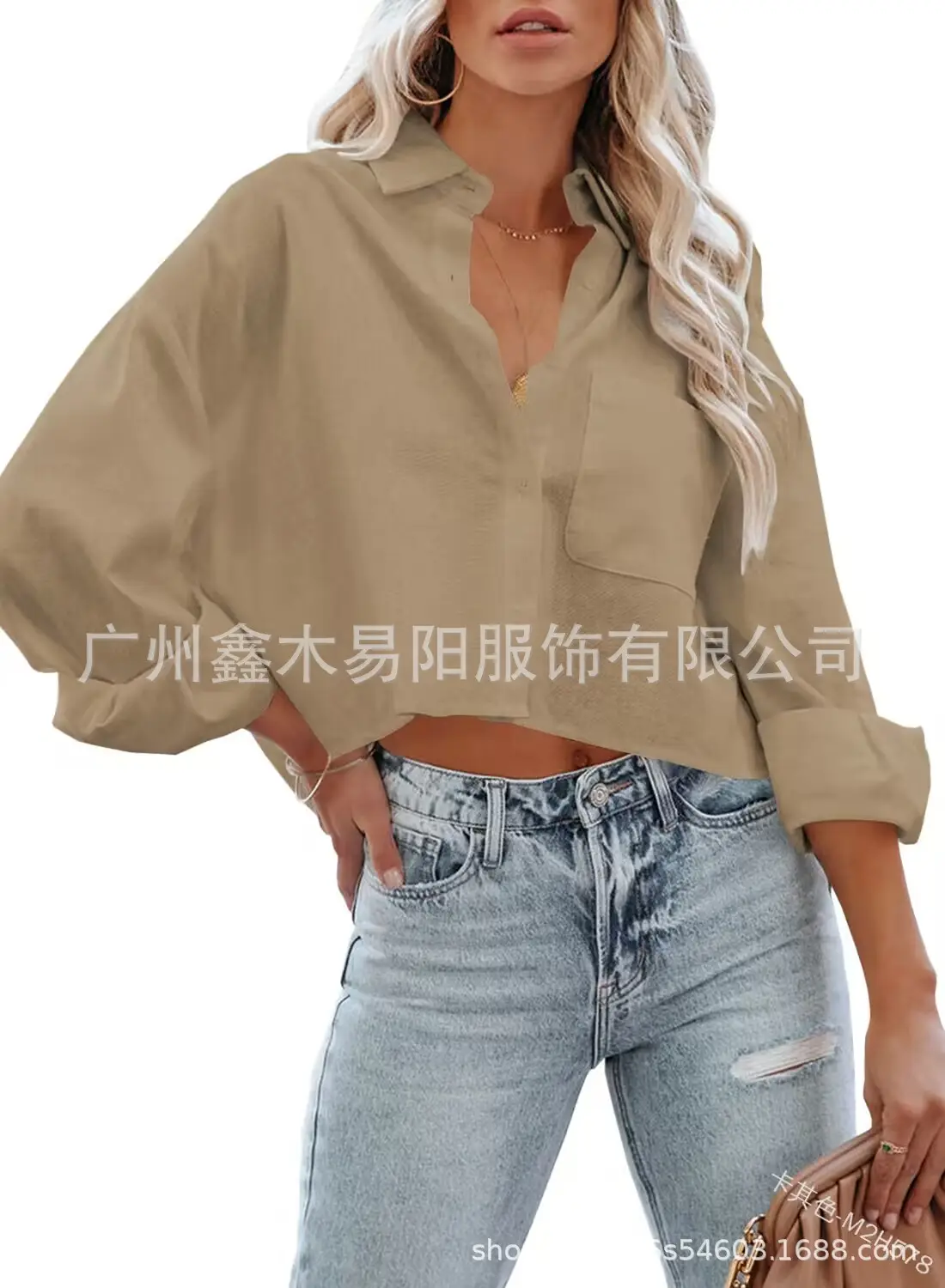Women's Maroon Long Sleeve Buckle Top with Jeans — feature 22